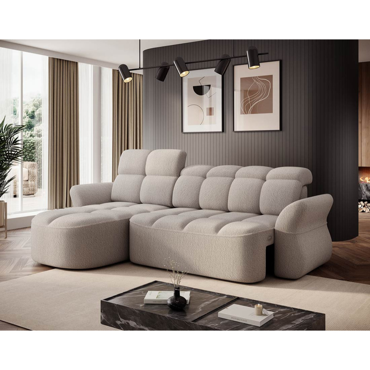 Brume - Canapé d'angle gauche 4 places convertible électrique avec coffre et têtières réglables en tissu bouclette - Beige