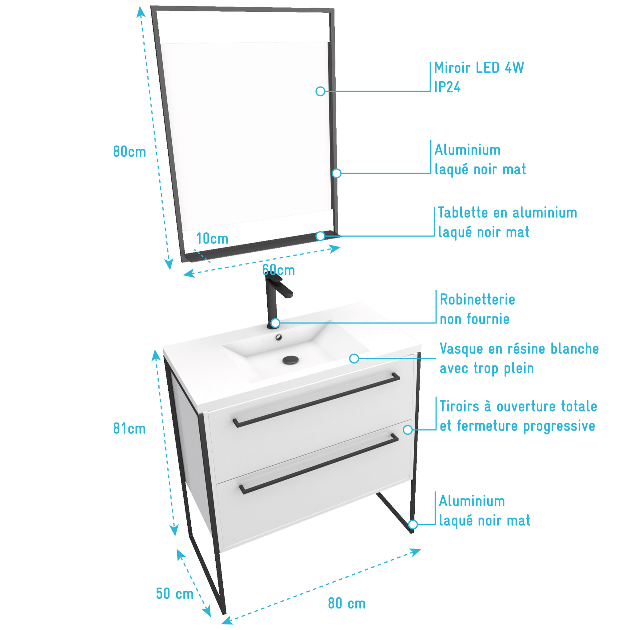 Pack meuble de salle de bain 80x50cm Blanc - 2 tiroirs - vasque blanche et miroir noir mat LED
