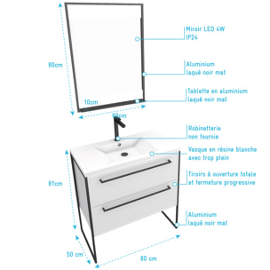 Pack meuble de salle de bain 80x50cm Blanc - 2 tiroirs - vasque blanche et miroir noir mat LED