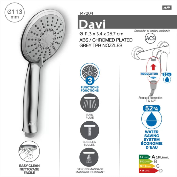 Pommeau de douche MSV Davi Ø 113 mm – 3 jets – Économie d'eau 52 % – Chromé