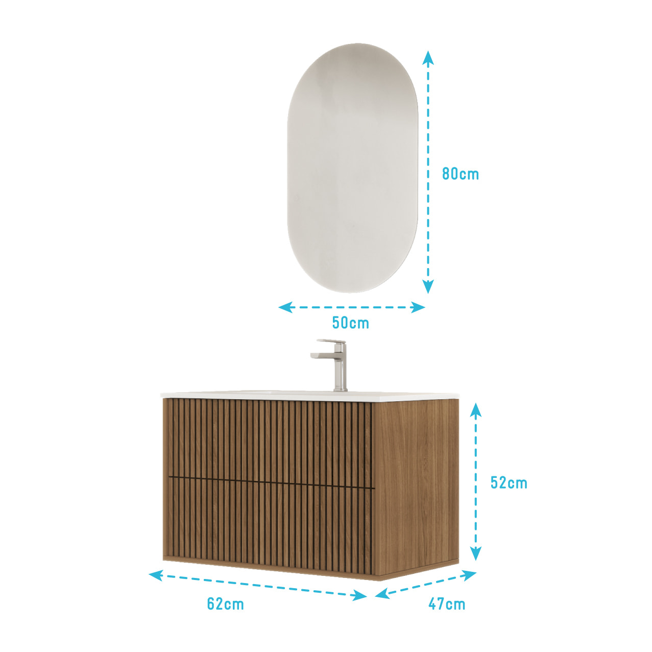 Meuble Salle de Bains YUKI 60 2 Tiroirs Décor Chêne et Noir - Vasque Blanche - Miroir Ovale 50x80