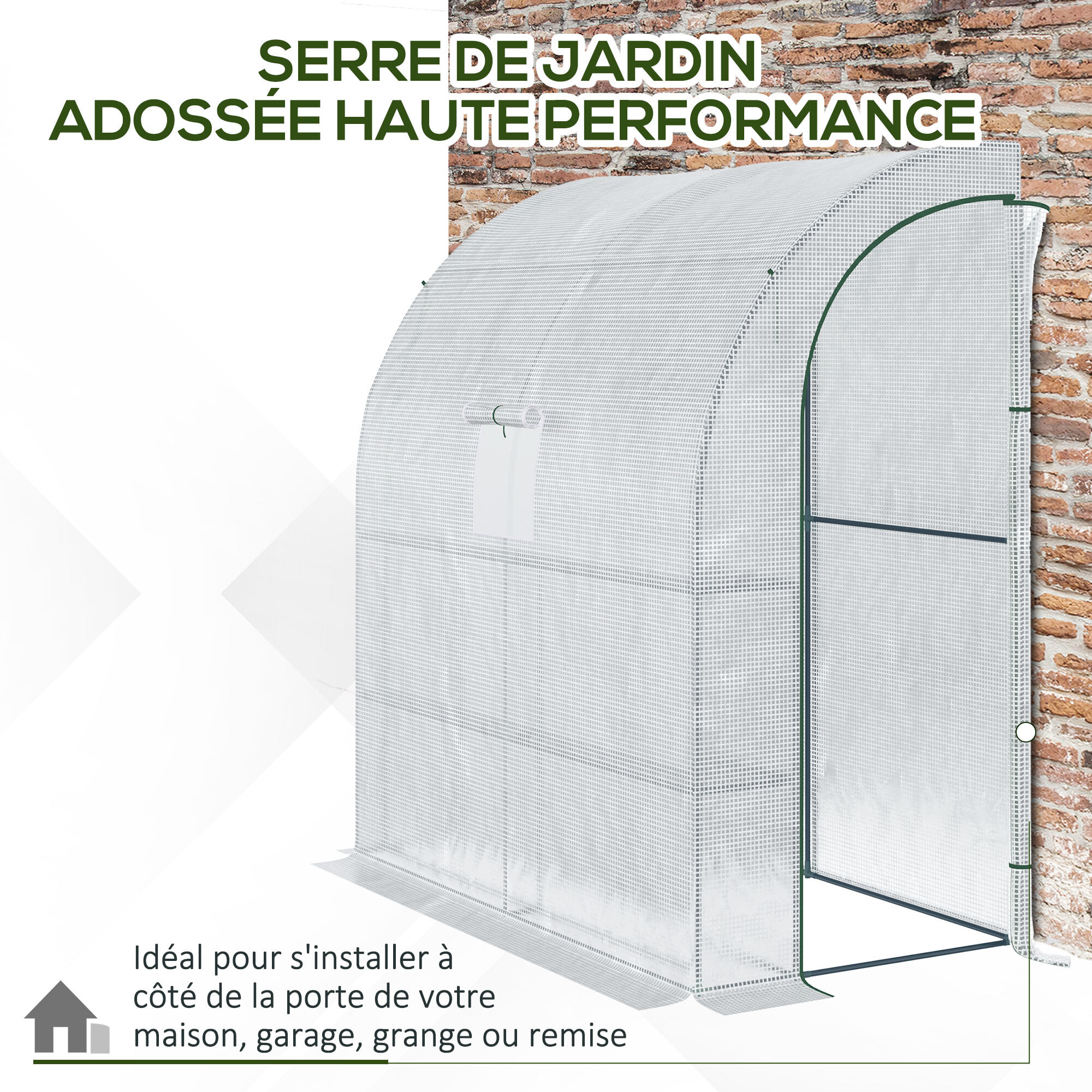 Serre de jardin adossée serre adossée dim. 2L x 1l x 2,13H m 4 étagères 2 portes zippées 1 fenêtre acier PE haute densité blanc