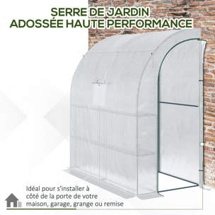 Serre de jardin adossée serre adossée dim. 2L x 1l x 2,13H m 4 étagères 2 portes zippées 1 fenêtre acier PE haute densité blanc