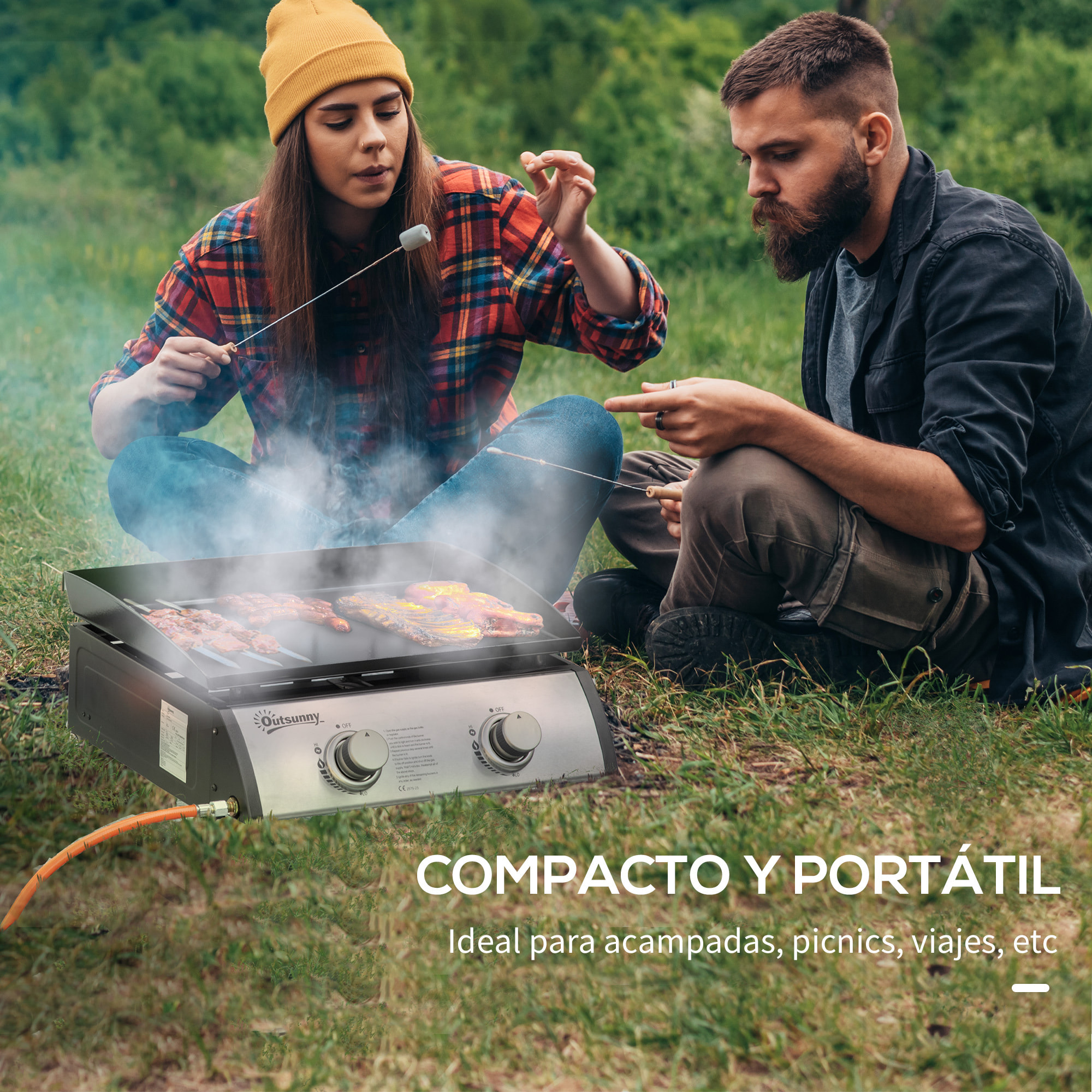 Plancha de Gas Sobremesa con 2 Quemadores de Acero Inoxidable 6kW Barbacoa Portátil con Plancha para Picnic Camping 48,5x48x21cm Negro Plata