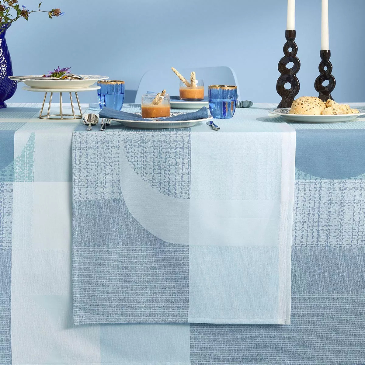 Chemin de table pur coton 220 g/m² motif jacquard bleu vert Mille textures bleu
