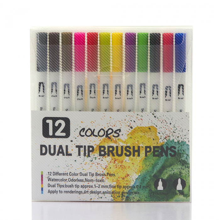 Set 12  Rotuladores BLACK LINE color doble punta, punta fina 0,4 mms y punta pincel acuarelable profesional. Forma redonda ergonómica para lettering, caligrafía, ilustraciones…