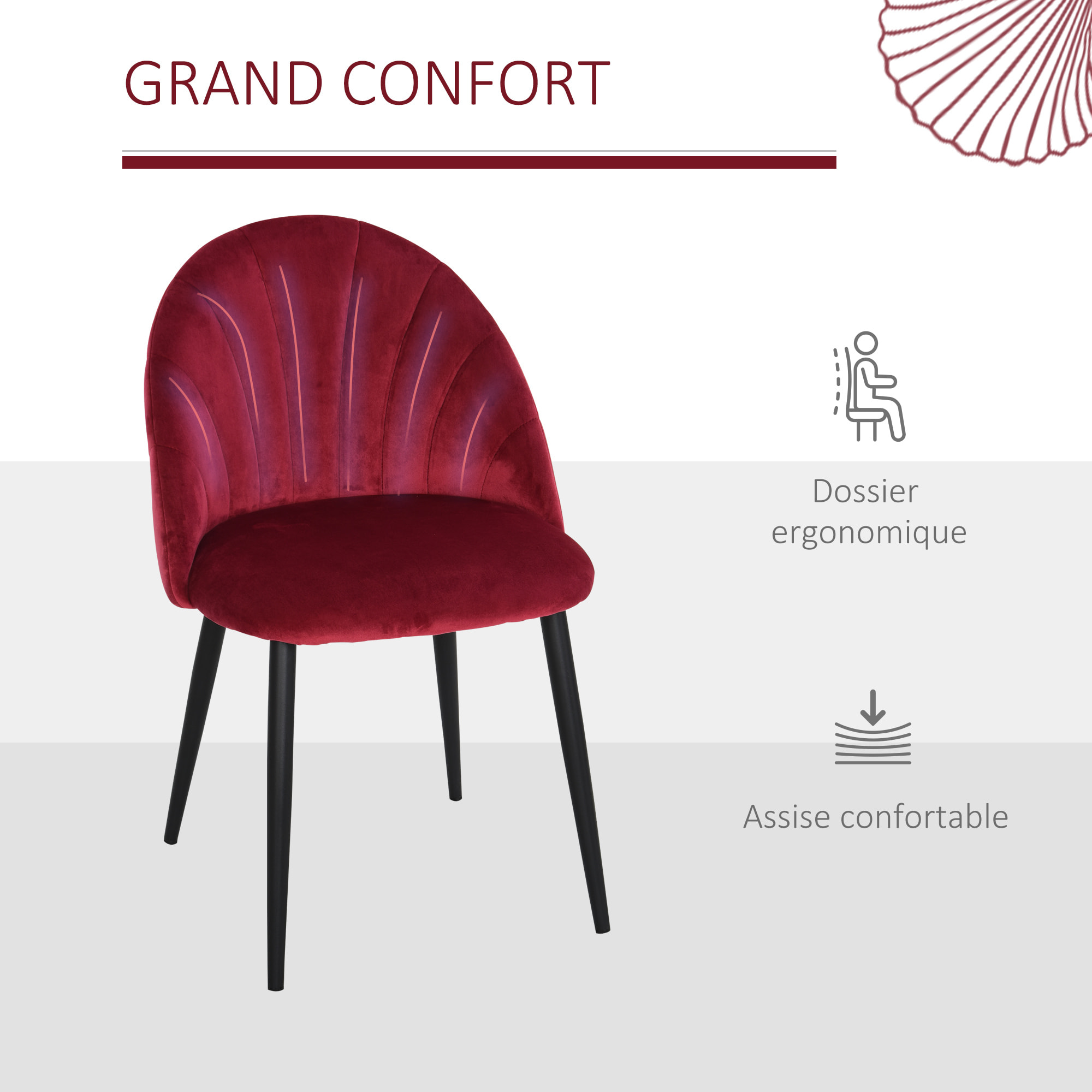 Lot de 2 chaises velours bordeaux pieds métal noir dim. 52L x 54l x 79H cm