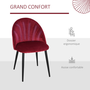 Lot de 2 chaises velours bordeaux pieds métal noir dim. 52L x 54l x 79H cm