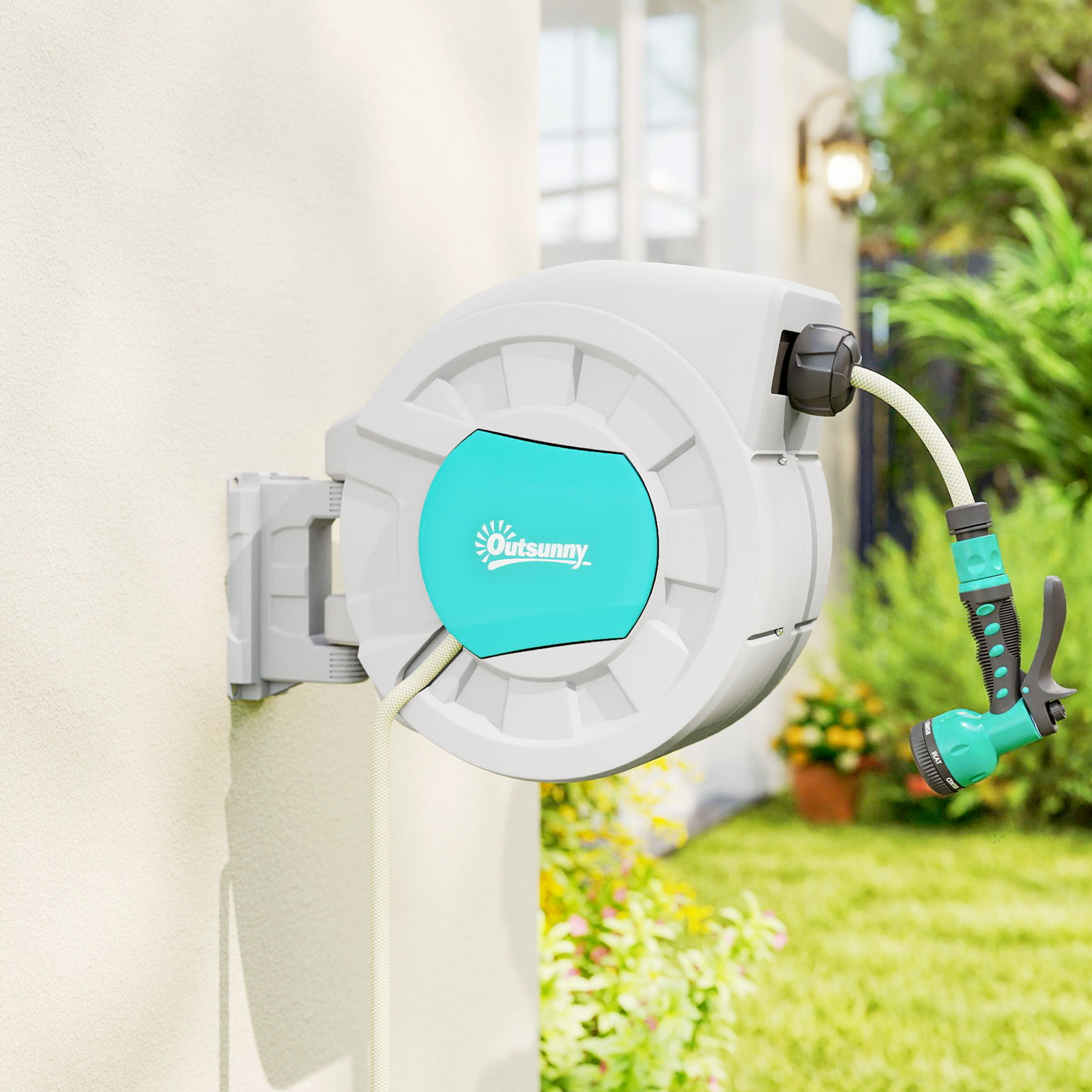 Dévidoir mural enrouleur automatique pivotant 180° tuyau 35 + 2 m avec lance arrosage 7 modes support mural intégré gris clair bleu