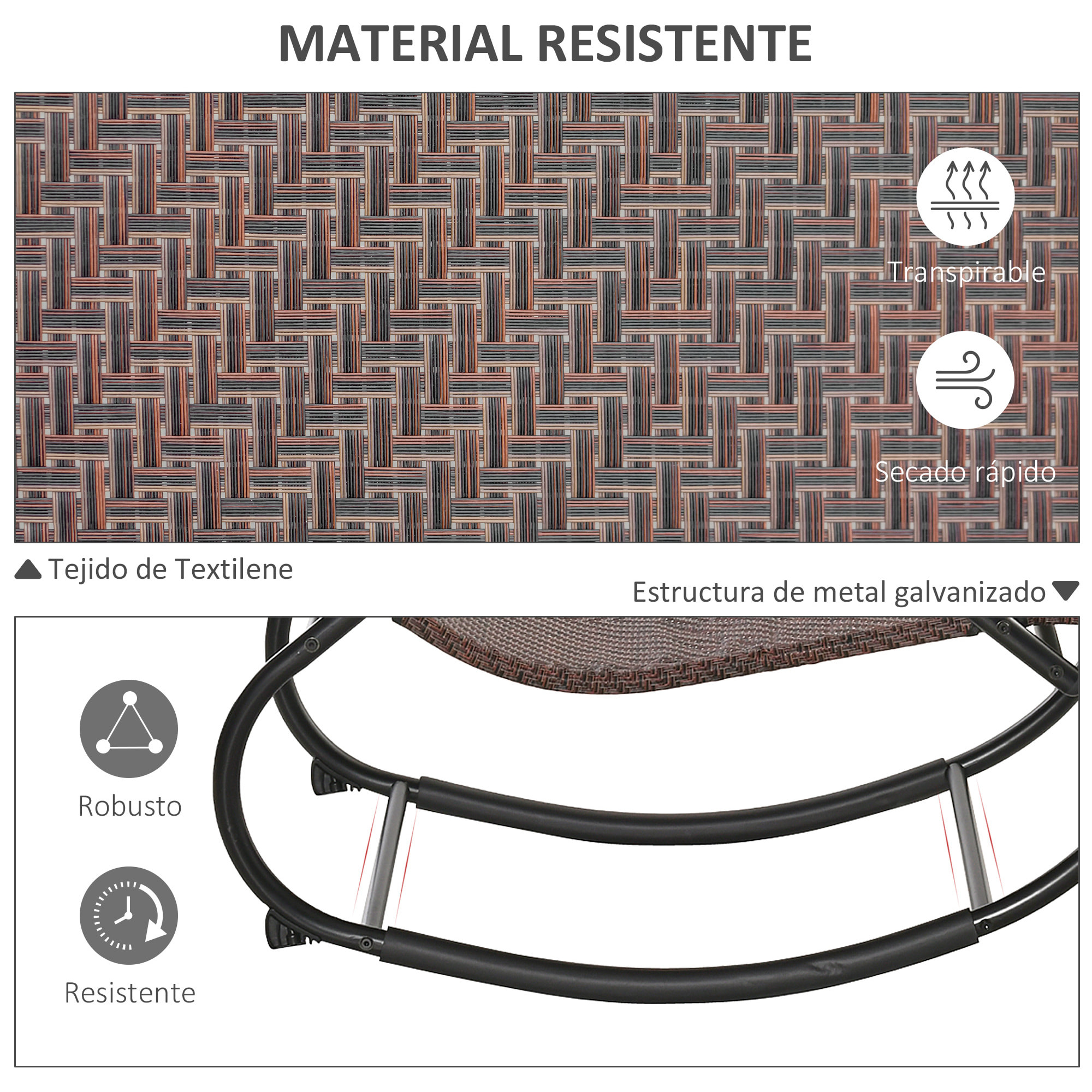 Tumbona Mecedora de Exterior con Reposabrazos Reposacabezas y Efecto de Ratá¡n para Jardín Terraza Patio Carga Má¡x. 160 kg 157x60x84 cm Marrón