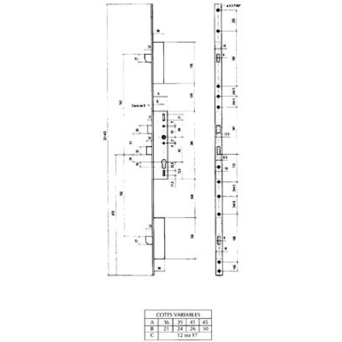 Serrure 3 points 92MTX METALUX pêne basculant 1/2 tour U7/39 mm - Sans gâche - F1U7390200