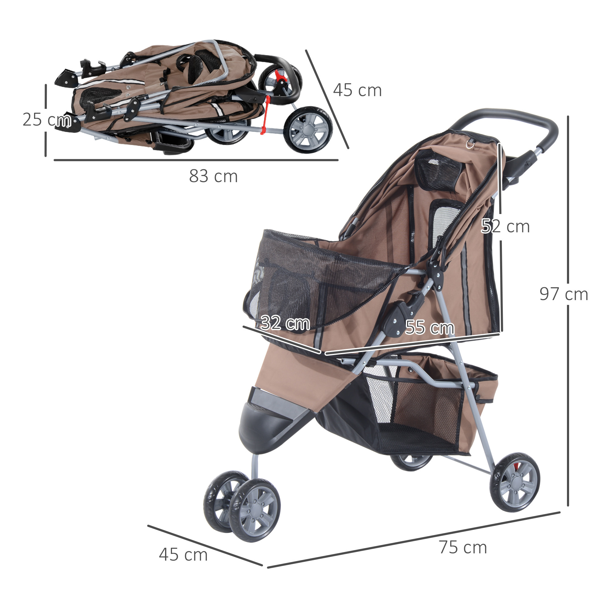 Cochecito Plegable con Ruedas 360Âº de Oxford 75x45x97cm Café