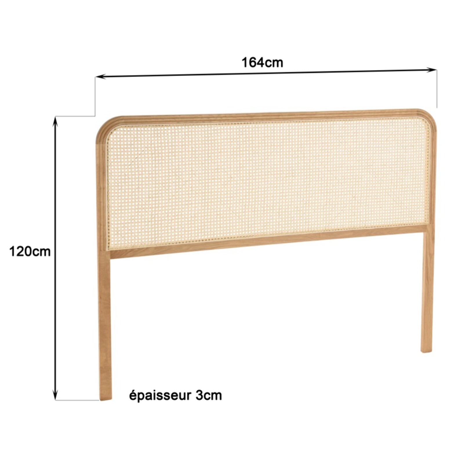 SYA - Tête de lit bords arrondis rotin naturel chêne massif 140/160cm