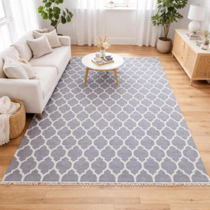 Tapis Kilim tissé à la main en laine motif Géométrique gris et blanc