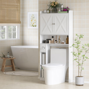Meuble WC meuble dessus toilettes 2 portes étagère 3 niches porte-papier blanc