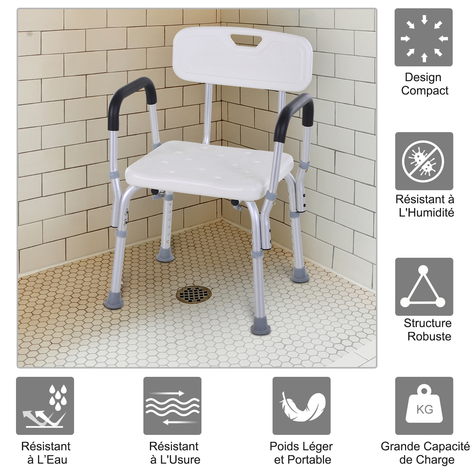 Chaise de douche siège de douche ergonomique hauteur réglable pieds antidérapants charge max. 135 Kg alu HDPE blanc