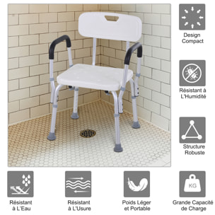 Chaise de douche siège de douche ergonomique hauteur réglable pieds antidérapants charge max. 135 Kg alu HDPE blanc