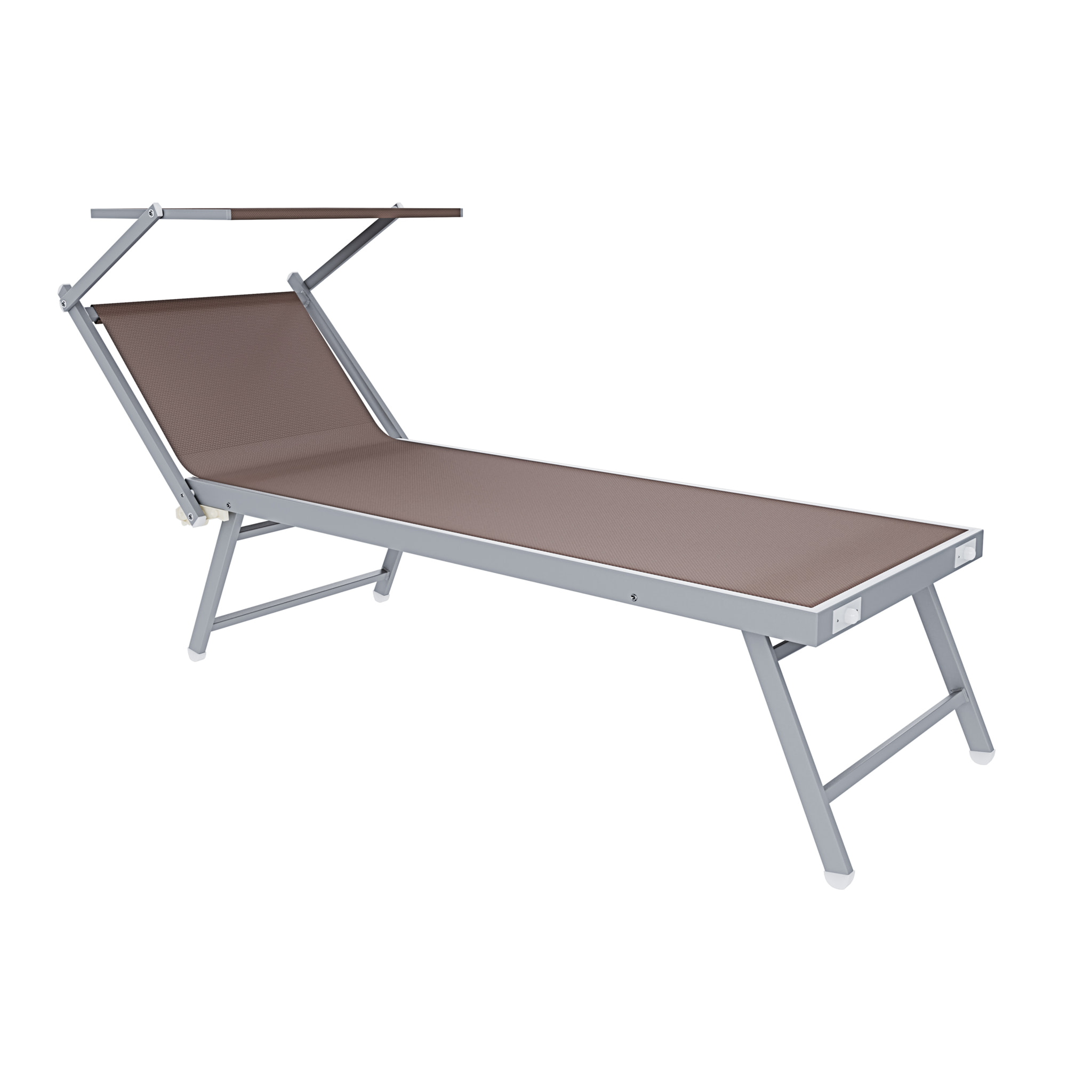 Coppia Di Lettini Prendisole Pieghevole Professionale in Alluminio e Tessuto Textilene Tettuccio Parasole Sdraio Mare Spiaggia 182x60x38 cm Tortora