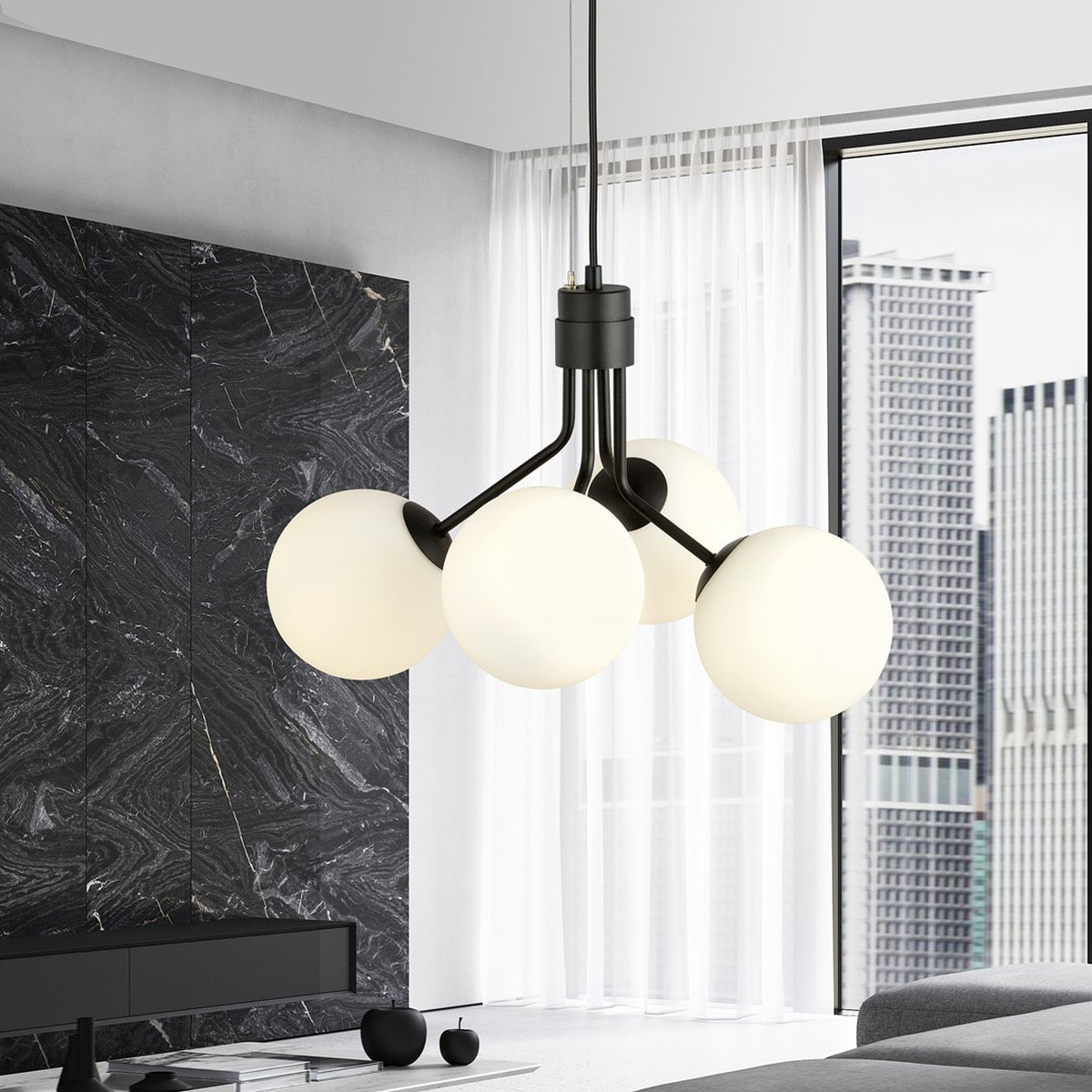 Lampada a sospensione NOVA in acciaio nero e vetro opale