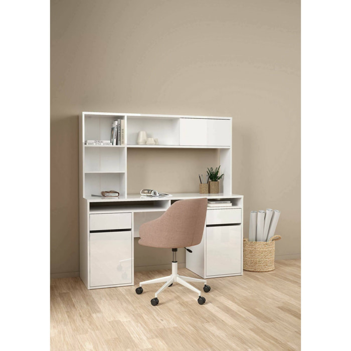 Scrivania Ambrenti, Scrittoio multiuso, Tavolo per ufficio porta PC, Piano di lavoro, 149x48 h156 cm, Bianco lucido