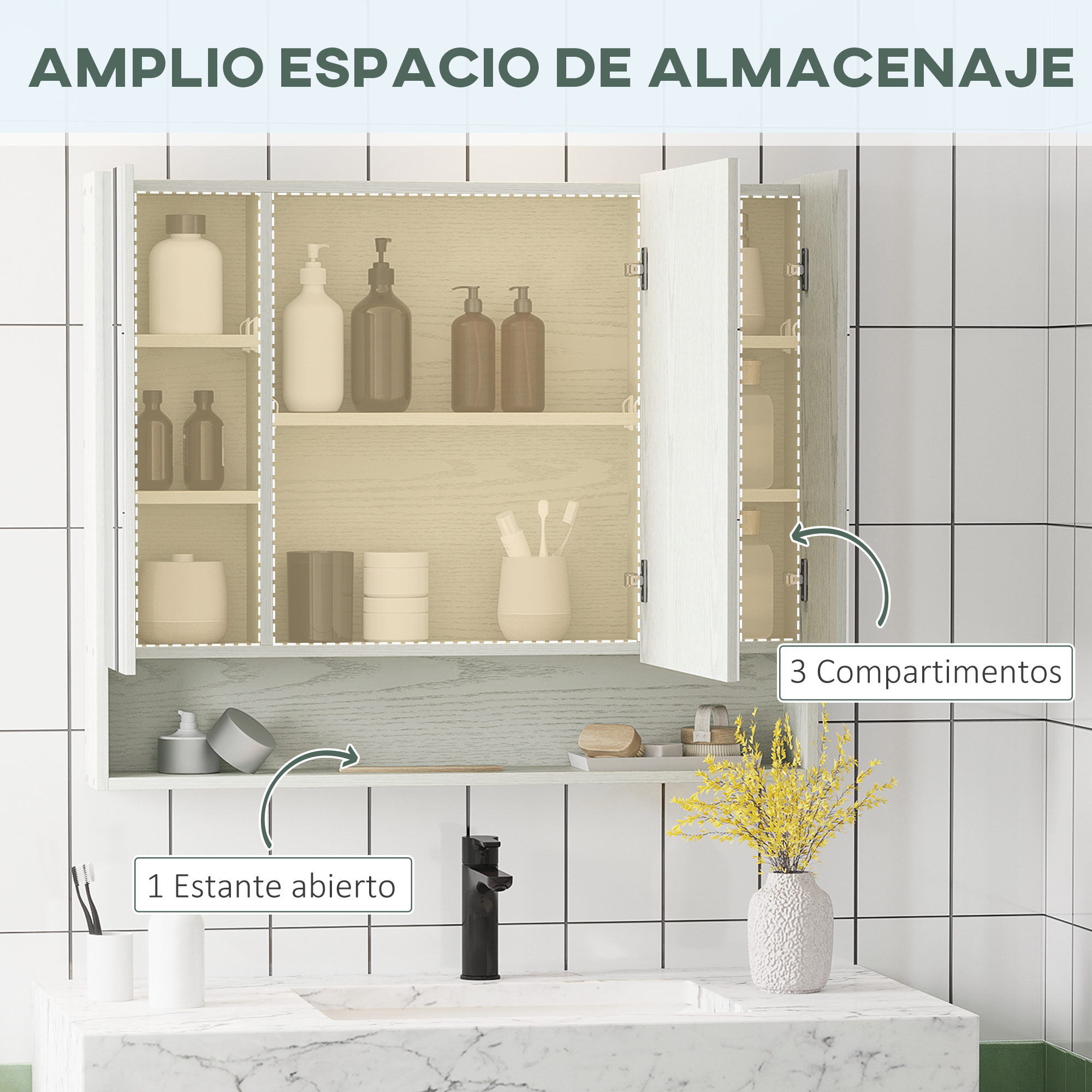 Armario de Baño con Espejo Armario de Pared con 3 Puertas Estante Ajustable y Compartimento Mueble de Baño Colgante para Salón 90x15x75 cm Blanco