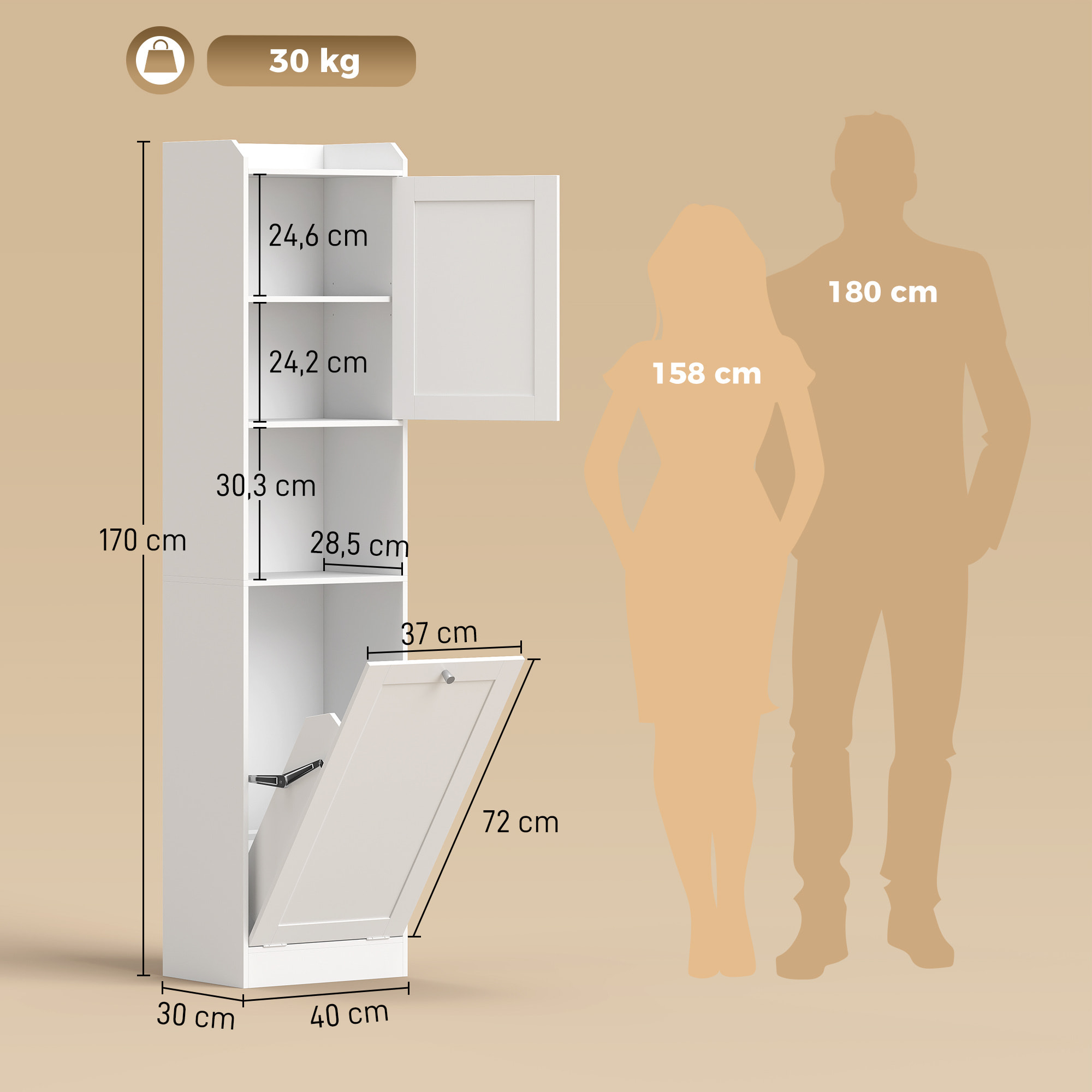 Armario Alto de Baño con Cesto Ropa Sucia, Mueble de Baño Estrecho con Compartimentos Abiertos y Estantes Ajustables, para Espacios Pequeños, 40x30x170 cm, Blanco