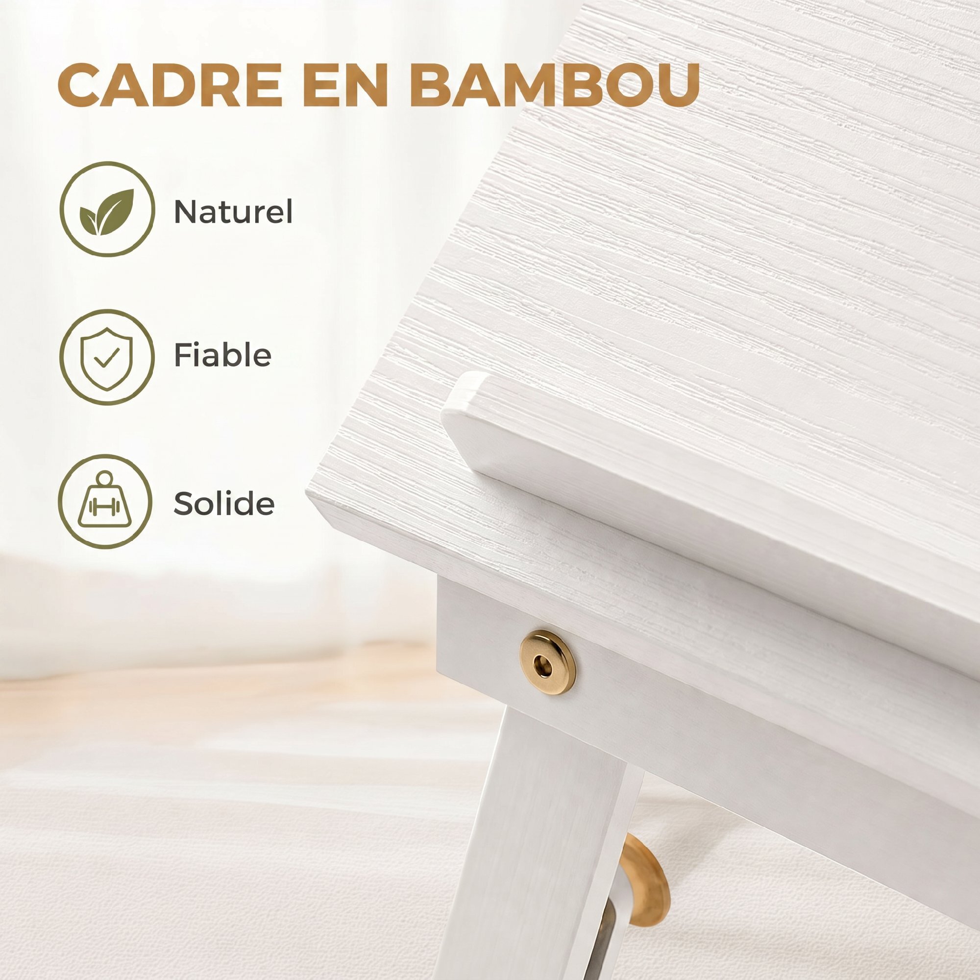 Table de lit pliable réglable pour ordinateur - plateau inclinable, tiroir - bois bambou MDF blanc