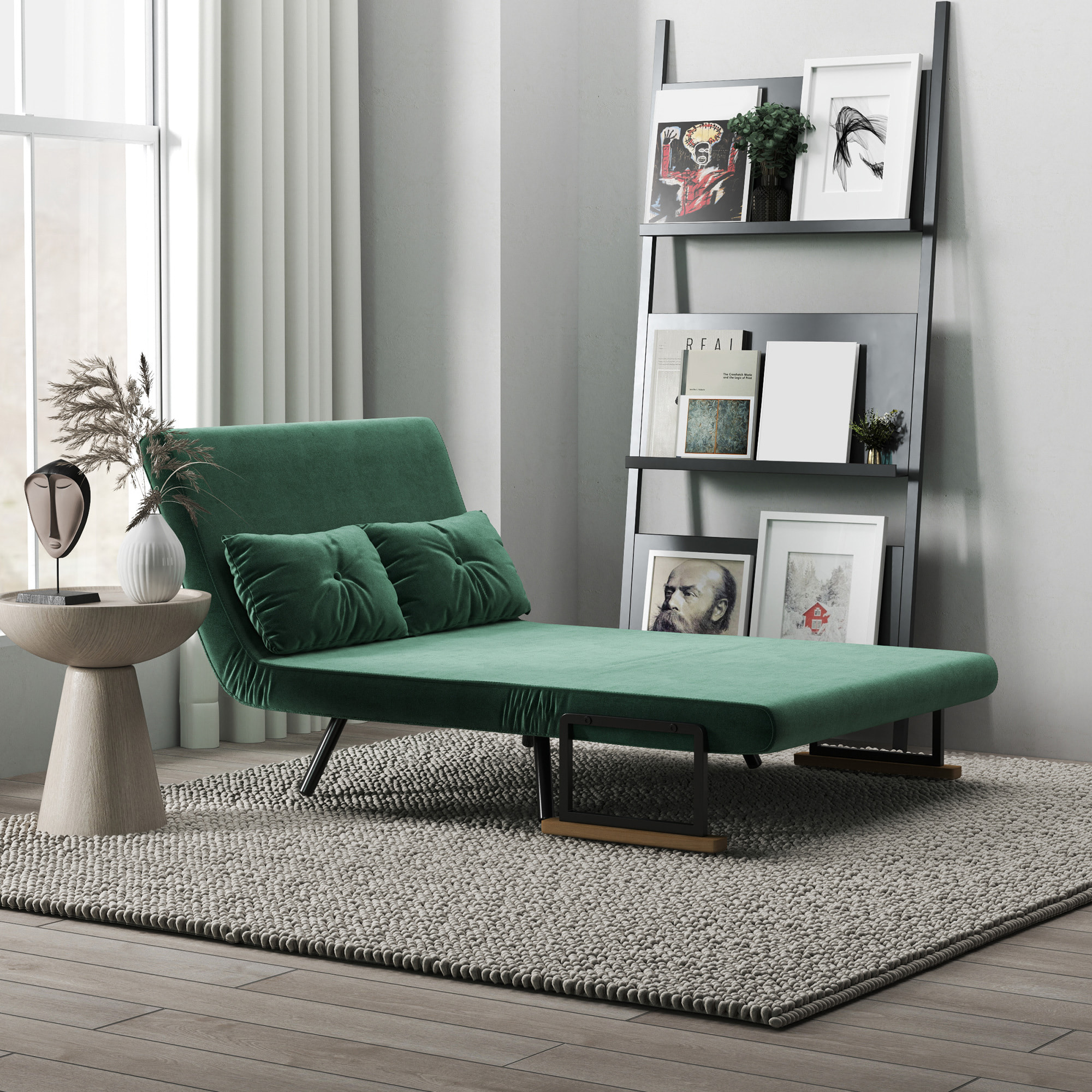 Sofá Cama de 2 Plazas Sofá Cama Plegable Tapizado en Terciopelo con Respaldo Ajustable de 5 Niveles y 2 Almohadas Acolchadas para Oficina Dormitorio Salón 102x73x81 cm Verde