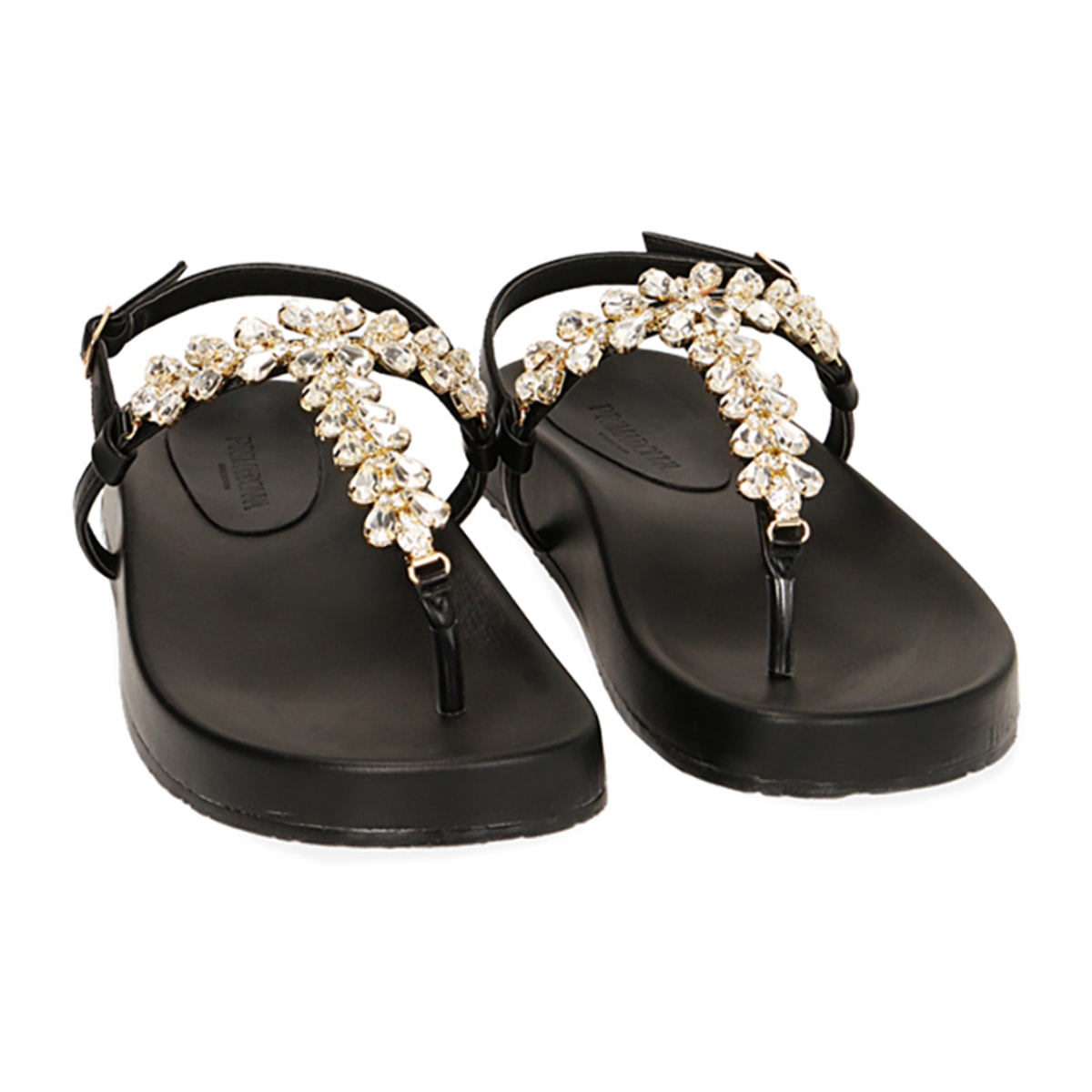 Sandalias planas con pedreria negras