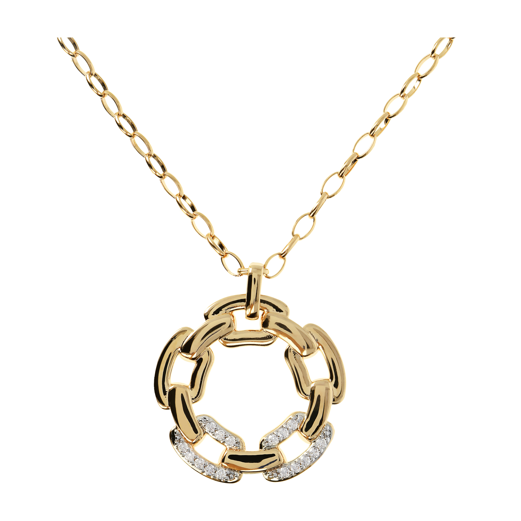 Collana Golden Catena Rolo Ovale con Pendente Cerchio a Maglie e Pavé in Cubic Zirconia