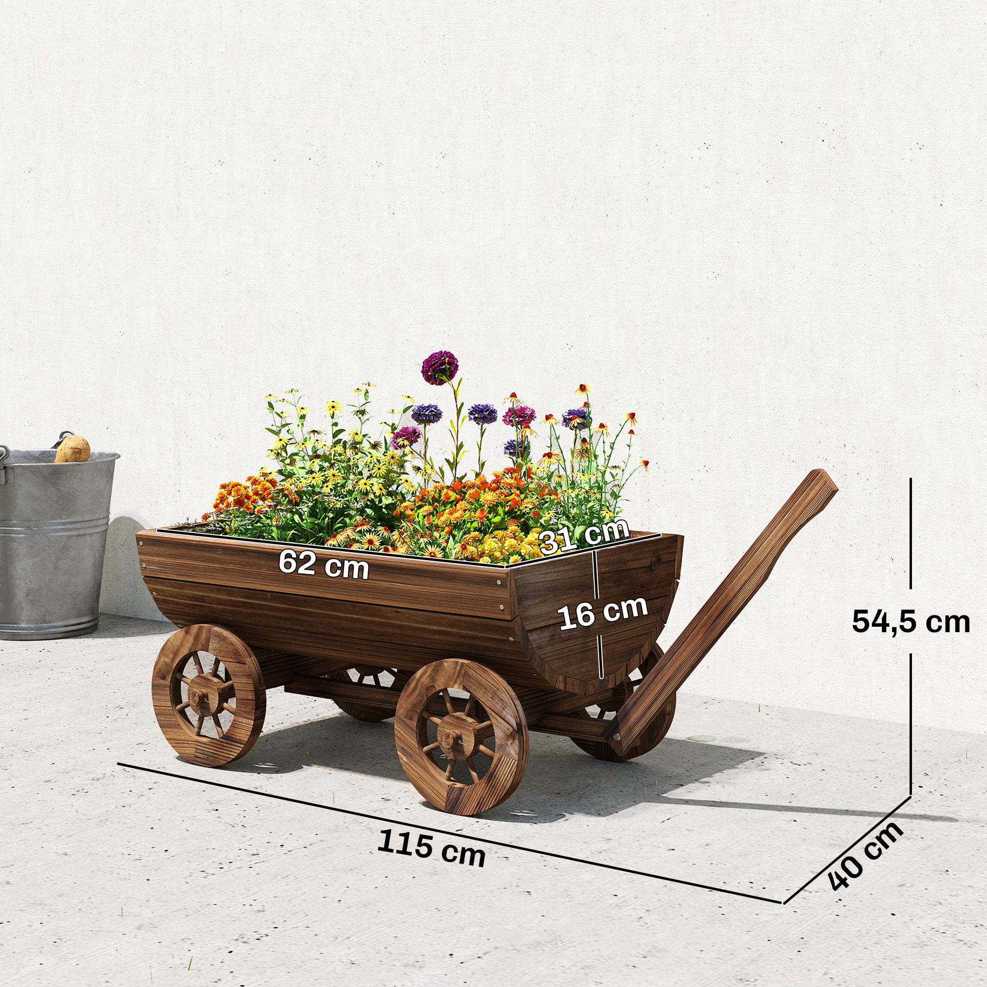 Carrito de Madera Decorativa con 4 Ruedas y Mango, Jardinera Exterior Móvil con Orificio de Drenaje, Macetero Exterior para Cultivos, Plantas, Jardín, Terraza, 115x40x54,5 cm, Carbonizado