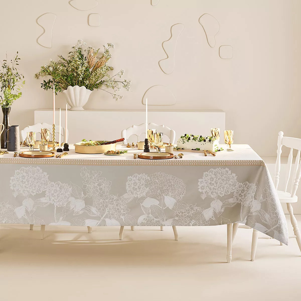 Nappe pur coton enduit motif jacquard beige Mille hortensias naturel