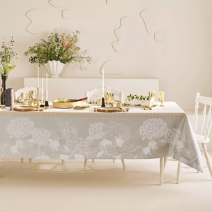Nappe pur coton enduit motif jacquard beige Mille hortensias naturel