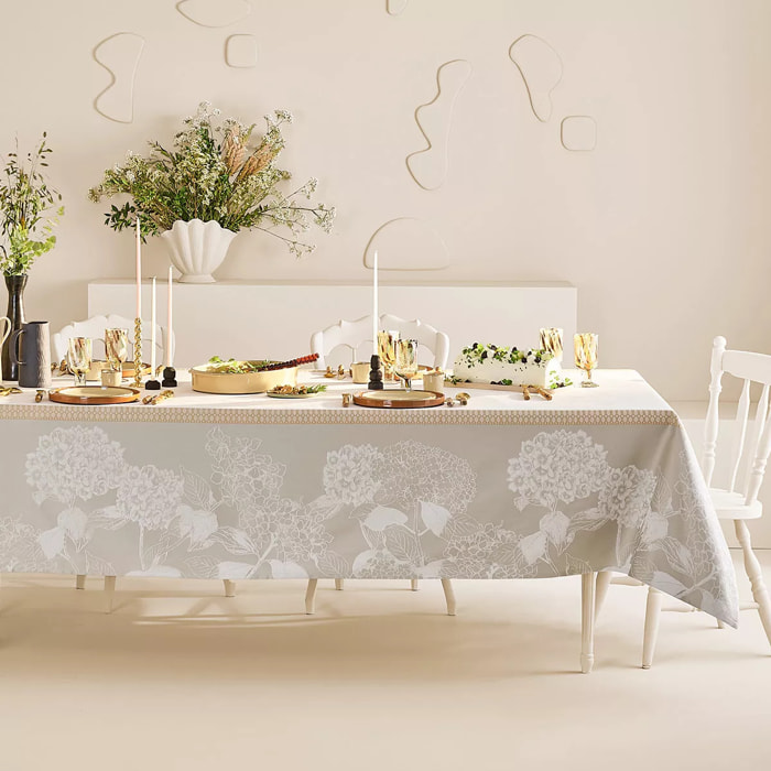 Nappe pur coton enduit motif jacquard beige Mille hortensias naturel