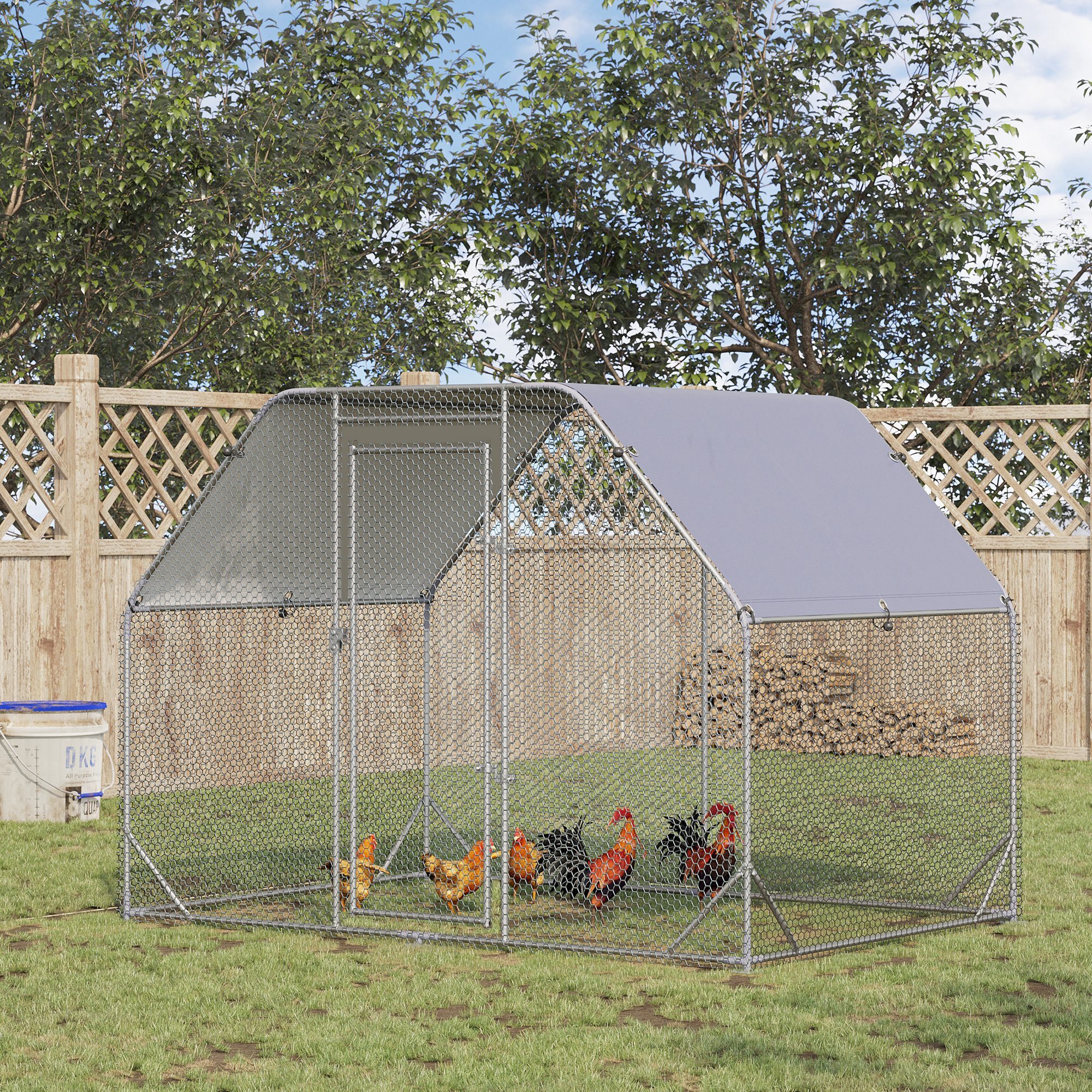 Gallinero para Exterior, 2,8x1,9x1,95 m, Gallinero de Acero Galvanizado, Cubierta de Tela Oxford, Anti-UV e Impermeable, Jaula para 4-6 Gallinas y Conejos, Plata