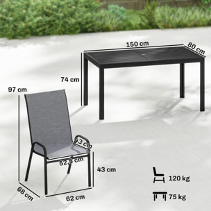 Conjunto de Mesa y Sillas Jardín de 7 Piezas, Muebles Jardín Exterior con Mesa Metálica Efecto Madera con Agujero, 6 Sillas Apilables Transpirables, Marco de Acero Resistente, Gris Mixto
