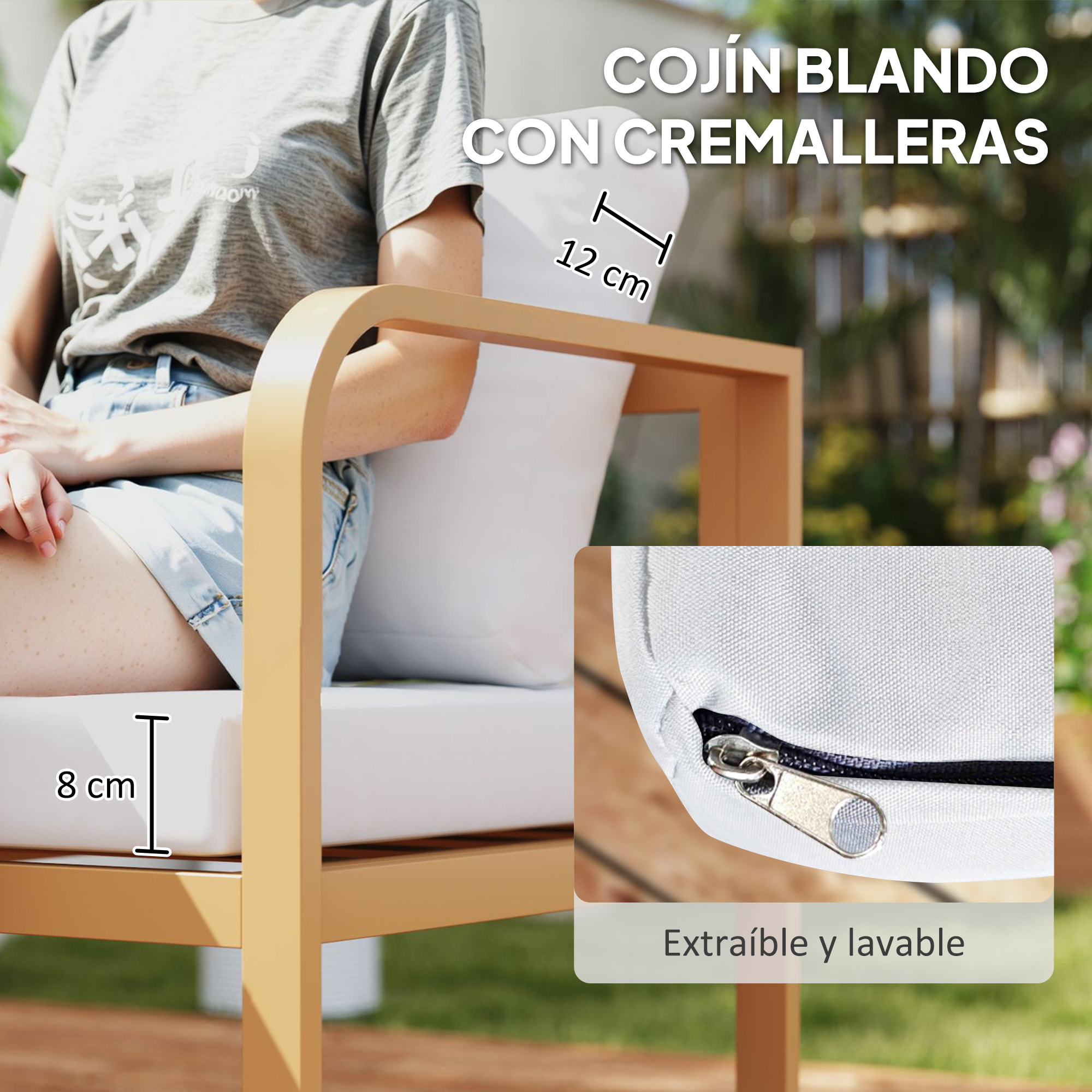 Conjunto de Jardín Exterior de 3 Piezas Muebles Jardín Exterior con Sofá de 3 Plazas con Asiento Ajustable Sofá de 2 Plazas y Mesa de Centro de Vidrio con Cojines Crema