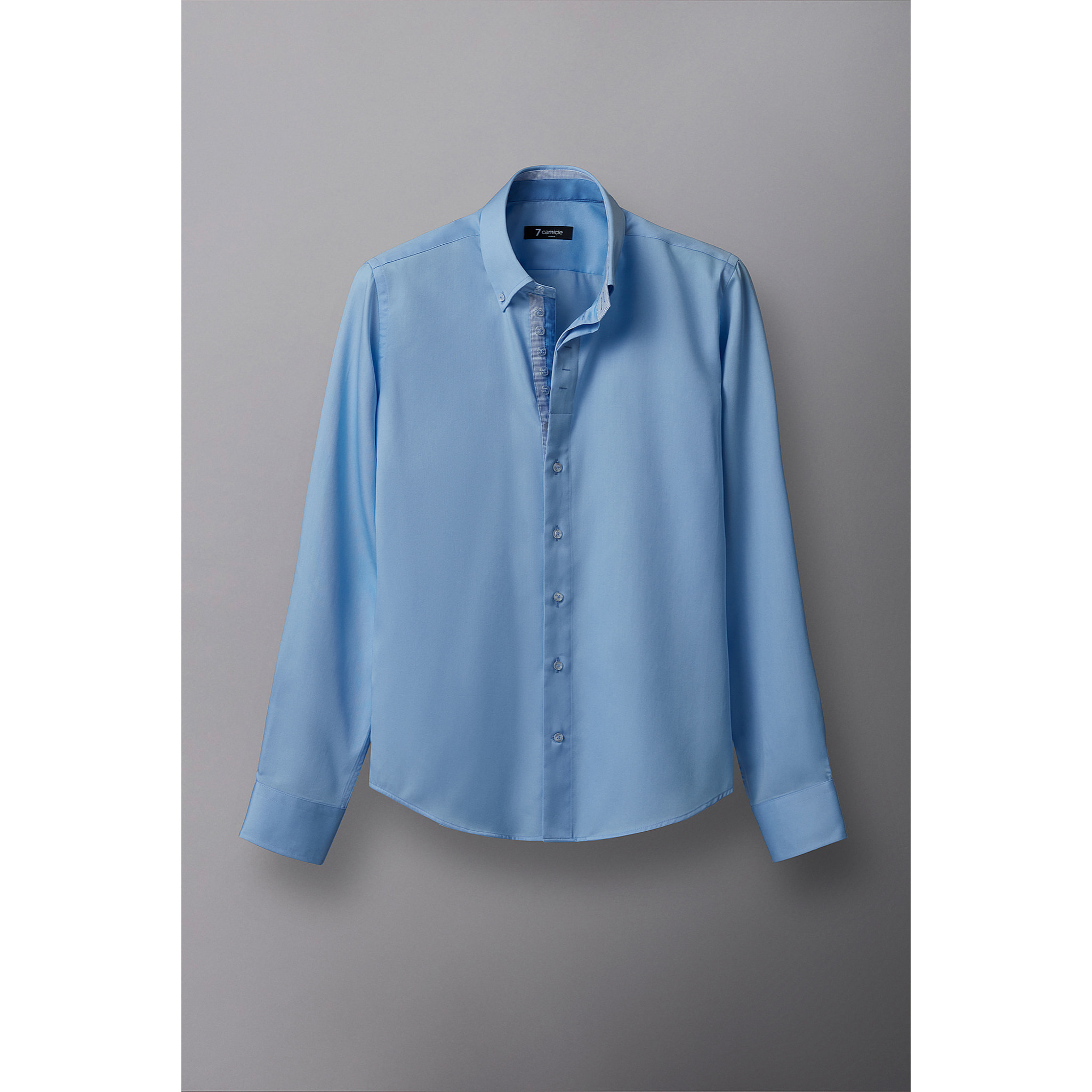 Camicia Uomo 2 Bottoni Button Down Slim Satin Unito Celeste