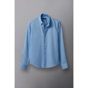 Camicia Uomo 2 Bottoni Button Down Slim Satin Unito Celeste