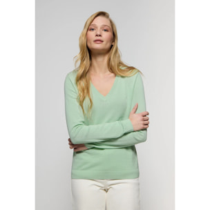 Maglione verde leggero in filo basic con collo a V e logo Rigby Go