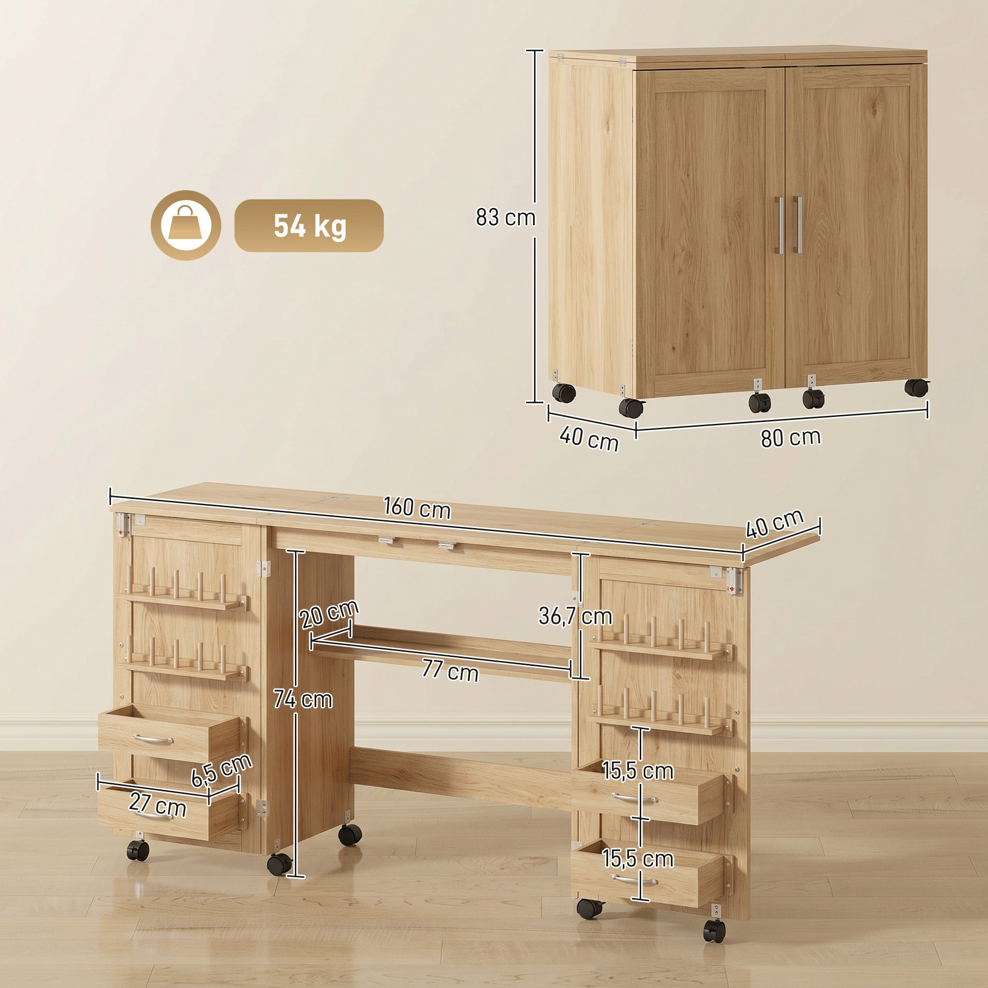 Mesa de Costura Plegable con 6 Ruedas, Mueble para Máquina de Coser con 20 Clavijas para Hilos, 4 Compartimentos, Estante, Armario de Costura para Estudio, Salón, Dormitorio, Roble
