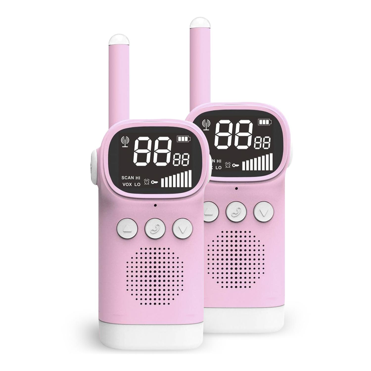 DAM Walkie Talkies infantiles D20, 1-3 km, pantalla de 1,5 LCD, 99 códigos de grupo encriptados. 2 unidades. 5,4x3,5x14,3 Cm. Color: Rosa