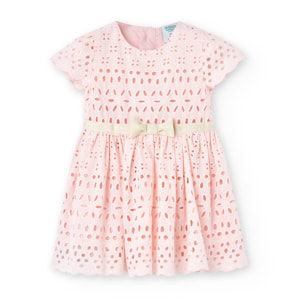 Vestido batista bordado niña, algodón, mangas cortas, rosa