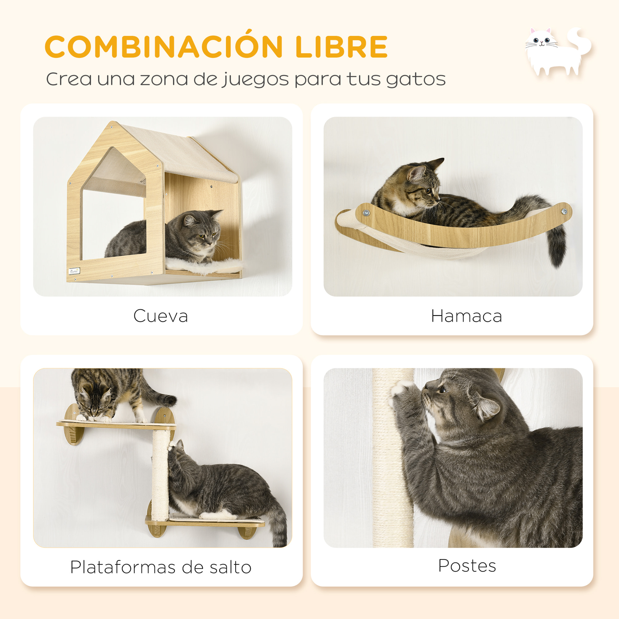 Conjunto para Gatos Juego de Casa para Gatos de 2 Niveles con Cama Superior Cojines Lavables y Estantes para Gatos 3 Piezas de Pared con Hamaca 35x35x81 cm Roble