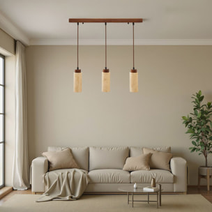 Suspension design 3 spots en travertin et effet bois TIVOLI