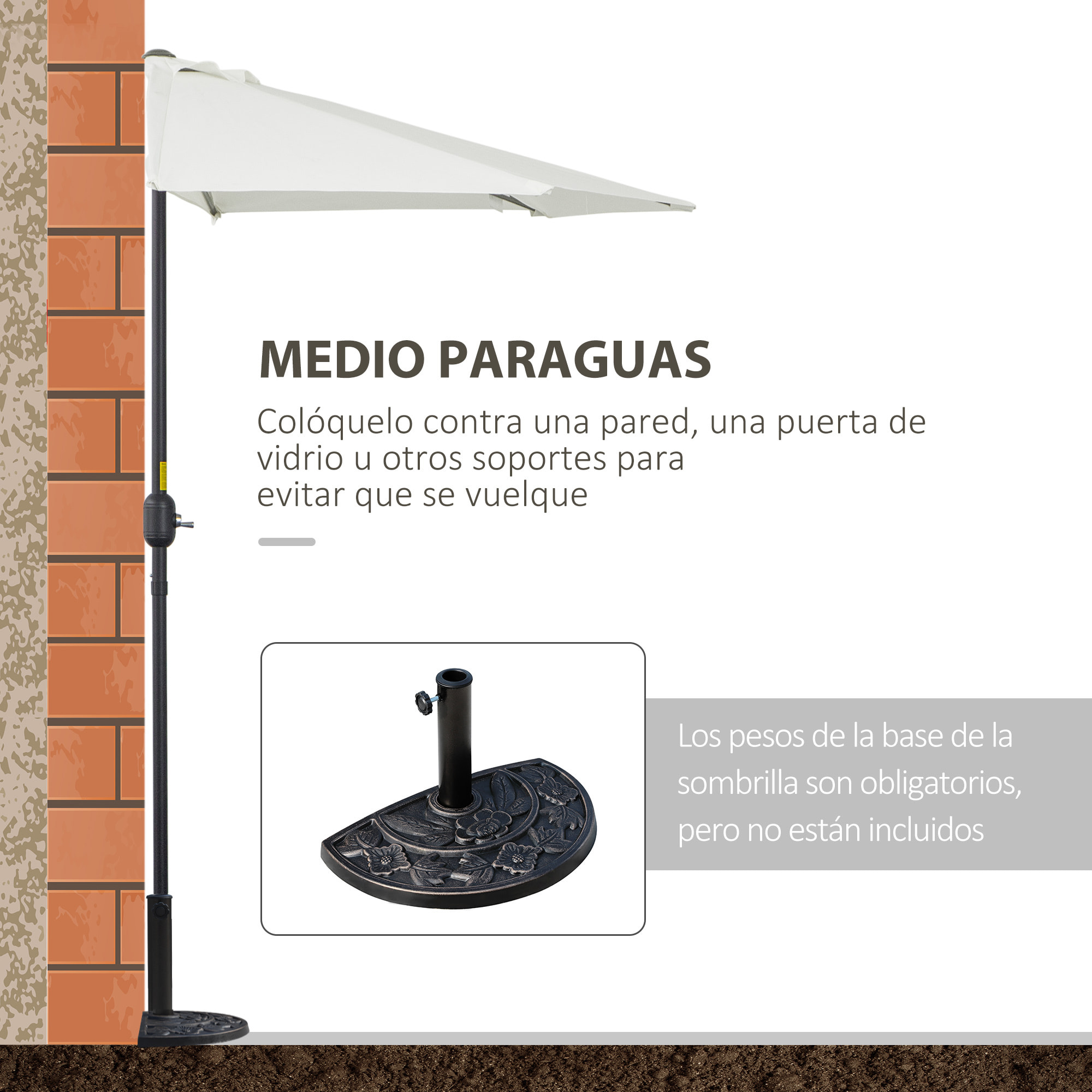 Sombrilla 269x138x236 cm Parasol de Jardín con Manivela y Forma Semicircular para Exterior Terraza Patio Piscina Crema