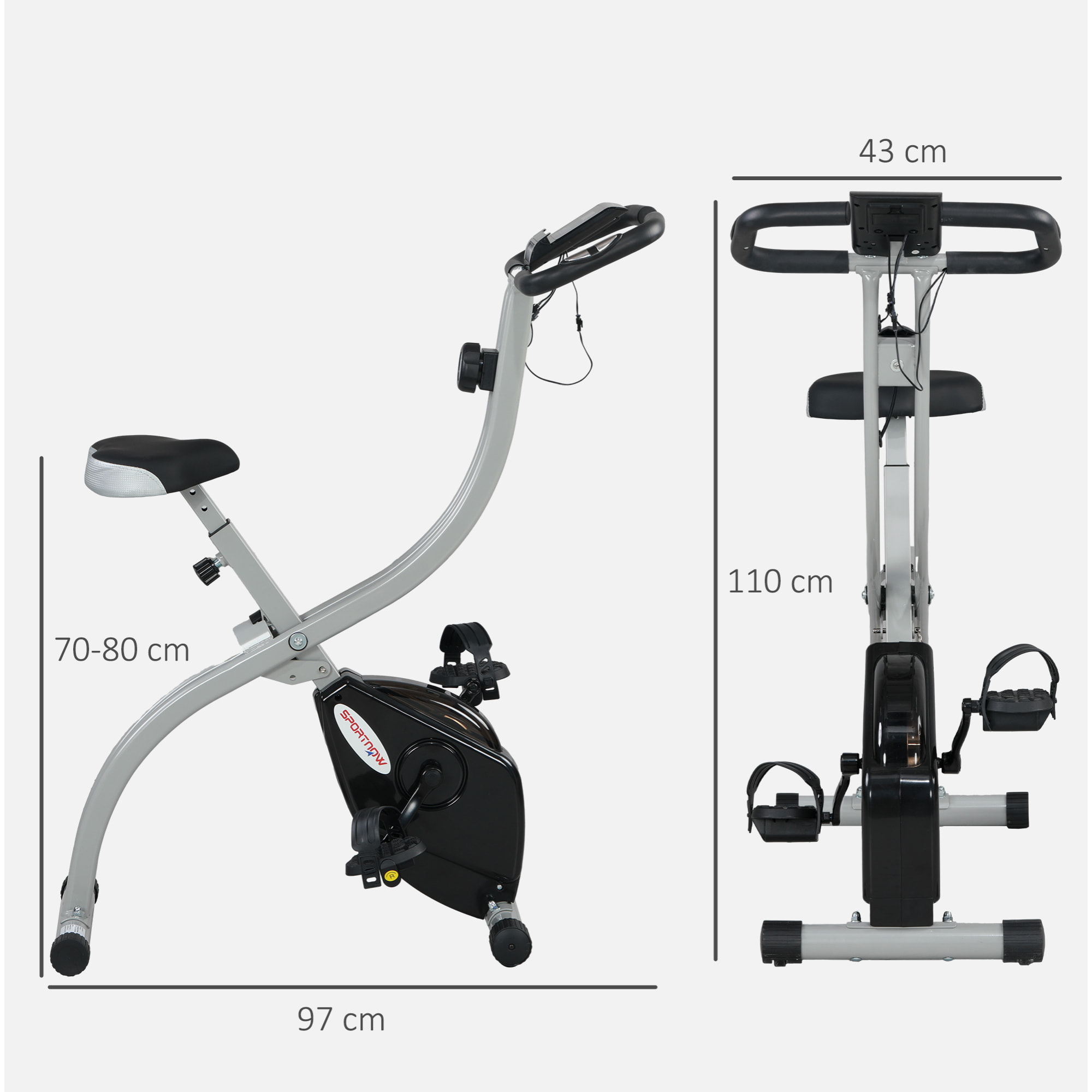 Vélo d'appartement pliant, vélo de fitness, vélo d'intérieur 8 niveaux de résistance magnétique, selle réglable, poignées, écran LCD multifonction, support tablette, acier gris