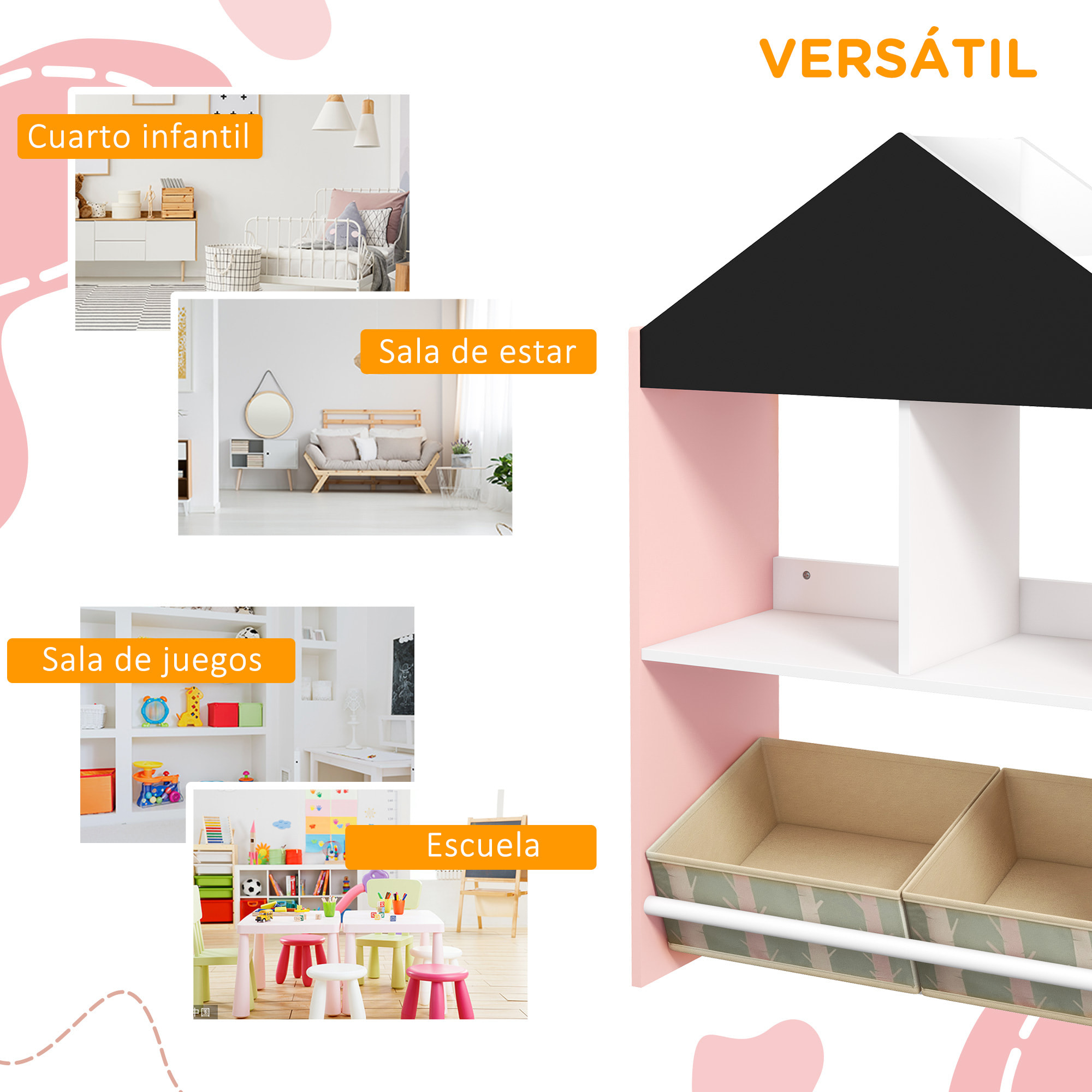 Estantería para Juguetes Organizador Infantil con Estantes Abiertos y 2 Cajas de Tela no Tejida Extraíbles para Sala de Juegos Habitación Guardería 62,4x26,5x90 cm Rosa