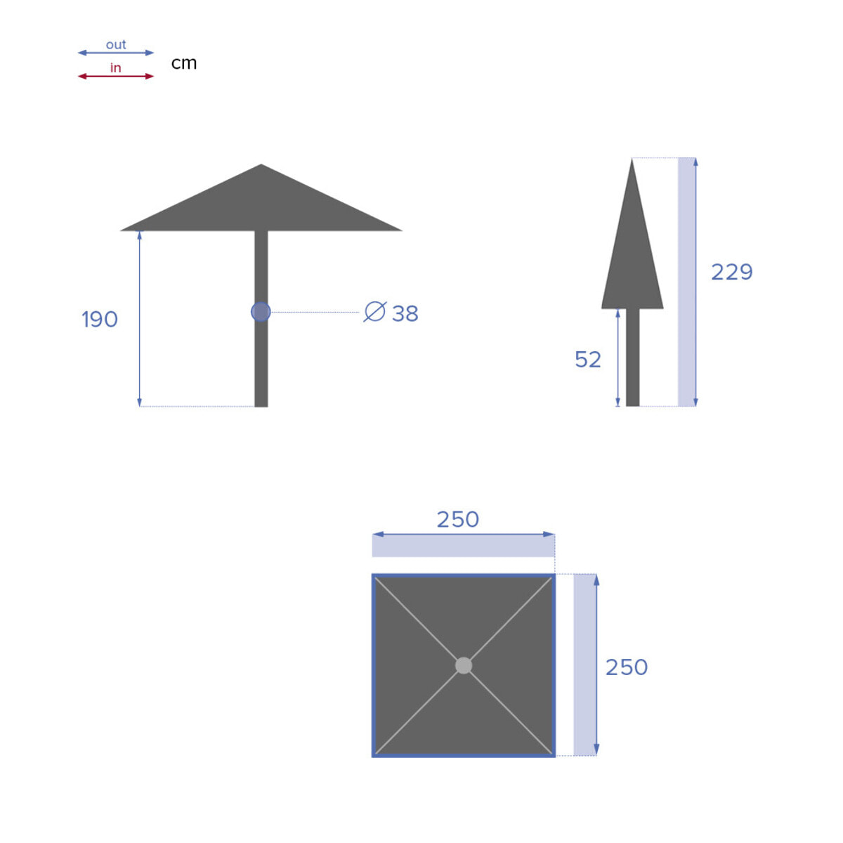 Parasol droit carré "Soya" taupe D2,5x2,5m en acier