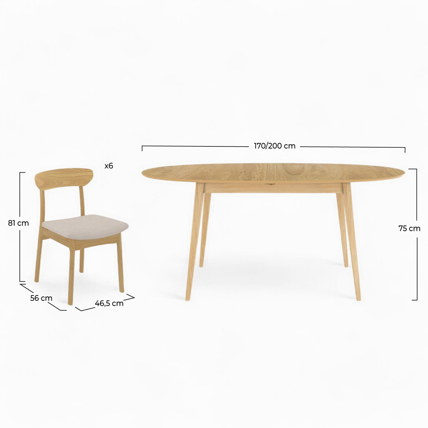 Table et chaises Eddy en bois clair 6 personnes